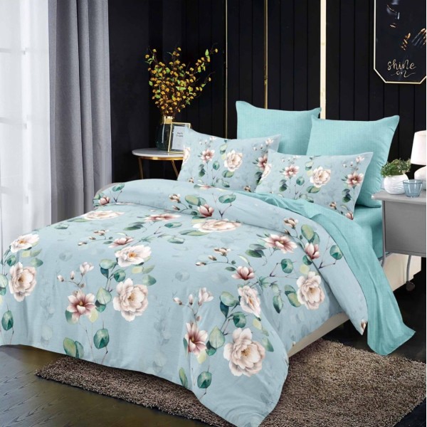 Lenjerie pat dublu,  FINET, cu elastic, 6 piese, Bleu, flori [1]