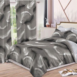 Set Lenjerie pat dublu + 2 draperii, finet, 8 piese, Gri, Alb, pene