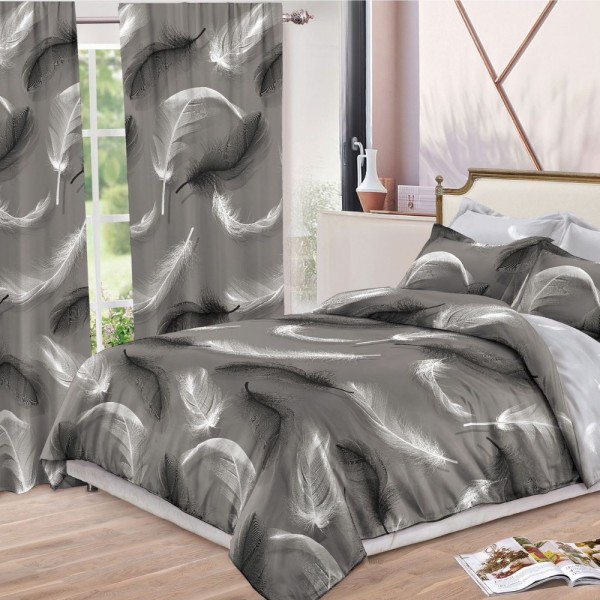 Set Lenjerie pat dublu (140x200cm, 160x200cm, 180x200cm) + 2 draperii, finet, 8 piese, Gri, Alb, pene [1]