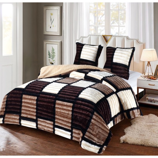 Pilota CoCoLiNo Frizzy cu blanita, matlasata, 200x230cm, cu fete de perna 60x60cm, Crem, Maro, patratele [1]