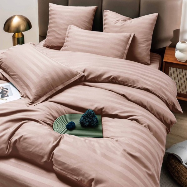 Lenjerie HoReCa DeLuxe, pat dublu, Damasc cu Dunga latã de 3cm, 6 piese, Roz prafuit [1]