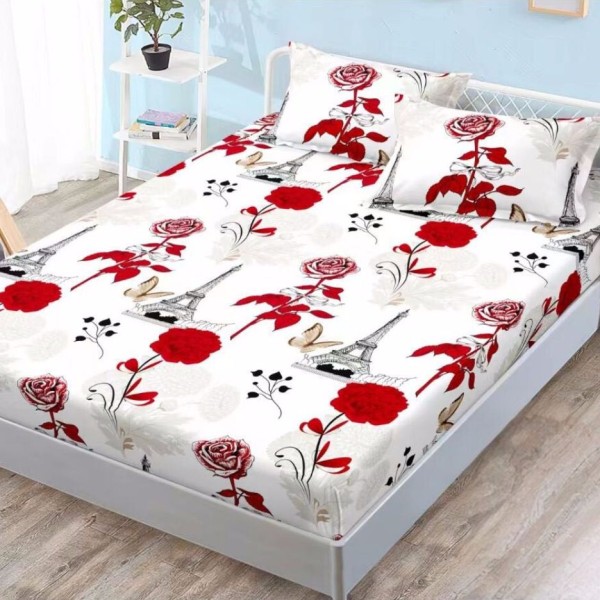 Cearsaf cu elastic, FINET, 180x200cm, 2 fete de perne 50x70cm, Alb-Rosu, trandafiri, turnul Eiffel, fluturi [1]