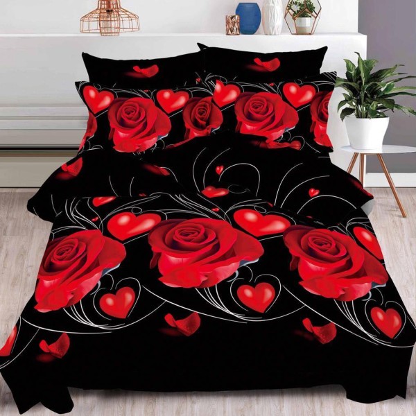 Lenjerie pat dublu, 6 PIESE, IMPRIMEU 3D Multiplicat, Negru-Rosu, trandafiri, inimioare [1]