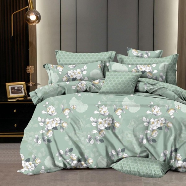 Lenjerie pat dublu,  FINET, 6 piese, Verde, flori [1]