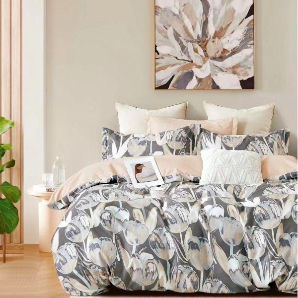 Lenjerie pat dublu (160x200cm, 180x200cm),  FINET, 6 piese, cu ELASTIC, Gri, lalele [1]