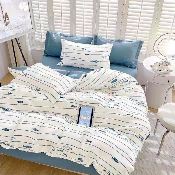 Lenjerie pat dublu (160x200cm, 180x200cm),  FINET, 6 piese, cu ELASTIC, Albastru, pesti [1]