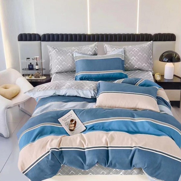 Lenjerie pat dublu (160x200cm, 180x200cm),  FINET, 6 piese, cu ELASTIC, Albastru, dungi [1]