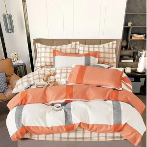 Lenjerie pat dublu (160x200cm, 180x200cm),  FINET, 6 piese, cu ELASTIC, Portocaliu, carouri