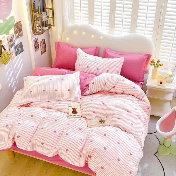 Lenjerie pat dublu (160x200cm, 180x200cm),  FINET, 6 piese, cu ELASTIC, Roz, inimioare [1]