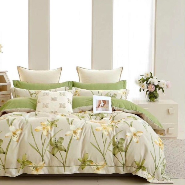 Lenjerie pat dublu (160x200cm, 180x200cm),  FINET, 6 piese, cu ELASTIC, Verde, flori [1]