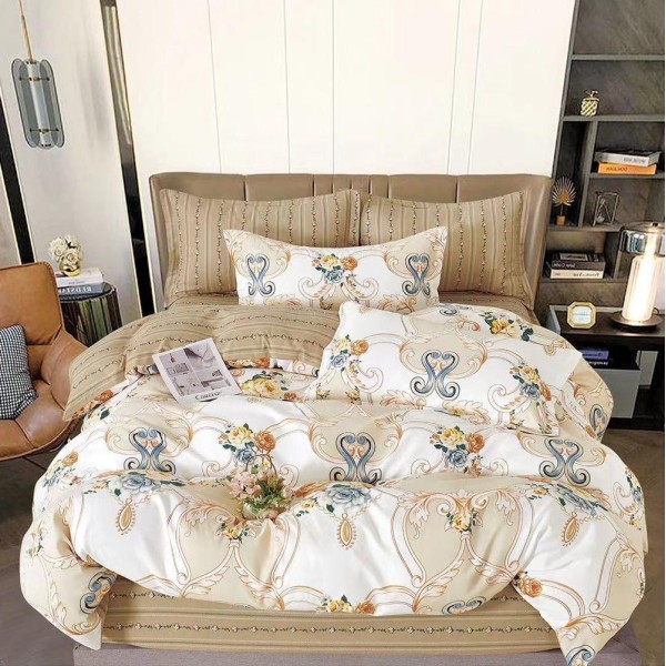 Lenjerie pat dublu (160x200cm, 180x200cm),  FINET, 6 piese, cu ELASTIC, Bej, model oriental [1]