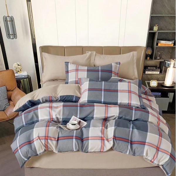 Lenjerie pat dublu (160x200cm, 180x200cm),  FINET, 6 piese, cu ELASTIC, Bej-Gri, carouri [1]