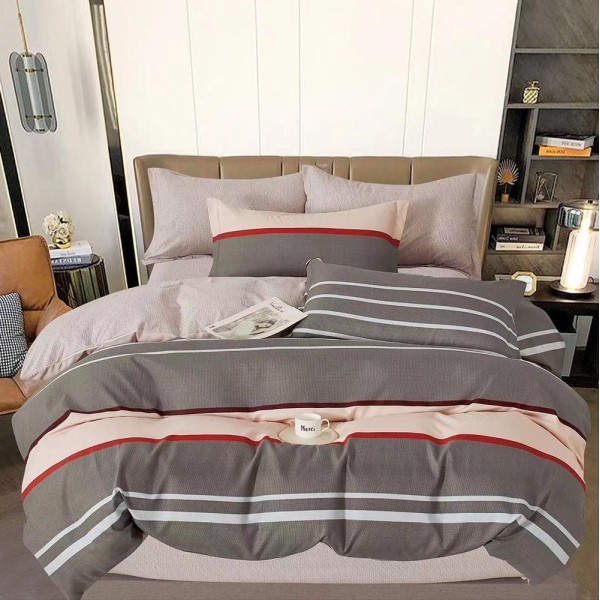 Lenjerie pat dublu (160x200cm, 180x200cm),  FINET, 6 piese, cu ELASTIC, Gri, dungi [1]