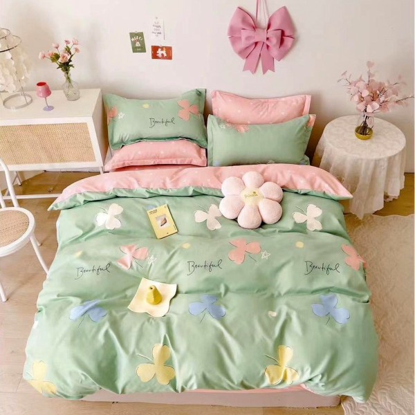 Lenjerie pat dublu (160x200cm, 180x200cm),  FINET, 6 piese, cu ELASTIC, Verde, flori [1]