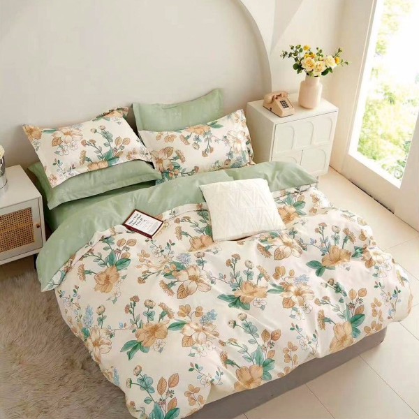 Lenjerie pat dublu (160x200cm, 180x200cm),  FINET, 6 piese, cu ELASTIC, Verde, flori [1]
