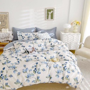 Lenjerie pat dublu (160x200cm, 180x200cm),  FINET, 6 piese, cu ELASTIC, Gri, frunze, crengute