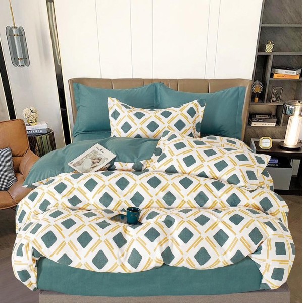 Lenjerie pat dublu (160x200cm, 180x200cm),  FINET, 6 piese, cu ELASTIC, Verde, romburi [1]
