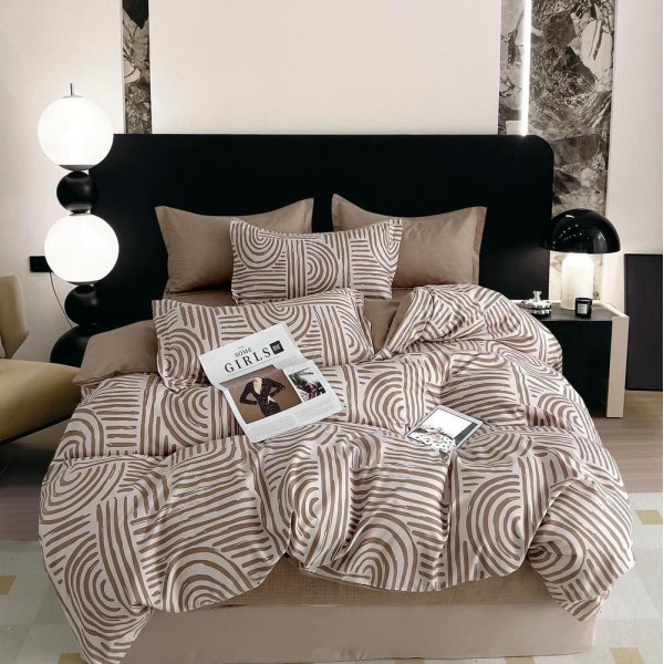Lenjerie pat dublu (160x200cm, 180x200cm),  FINET, 6 piese, cu ELASTIC, Maro, abstract [1]