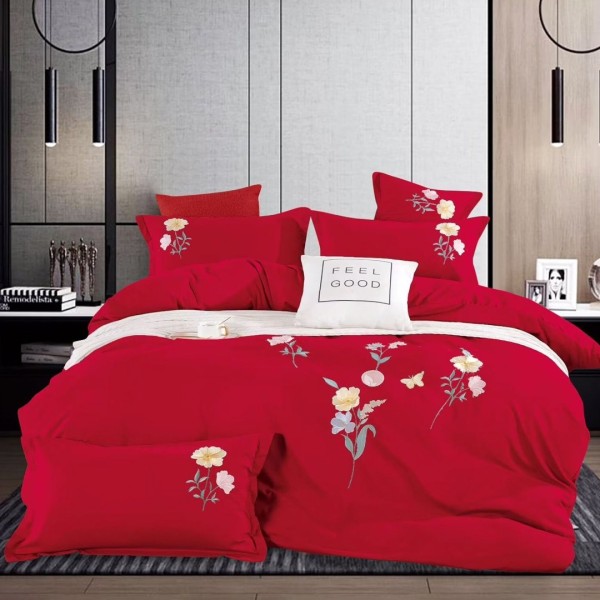 Lenjerie de Pat Dublu cu Elastic, Bumbac Satinat Deluxe, 4 Piese, Rosu - Moale, Rezistentă, Ușor de Întreținut [1]