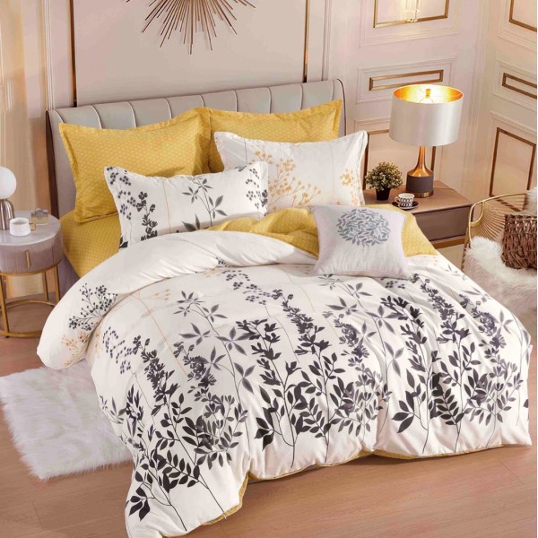 Lenjerie pat dublu,  FINET, 6 piese, Jojo Home, Crem, frunze [1]