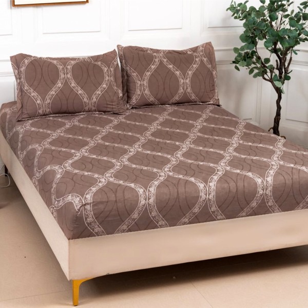 Cearsaf cu elastic, Bumbac Satinat, 160/180x200cm, 2 fete de perne 50x70cm, Maro, model elegant [1]