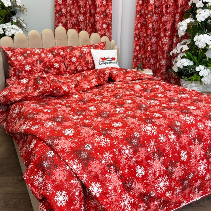 Set Lenjerie Pat Dublu Crăciun 4 Piese + 2 Draperii 150x235cm din Bumbac Ranforsat – Confort și Eleganță, Fabricat în România, Roșu, fulgi de nea