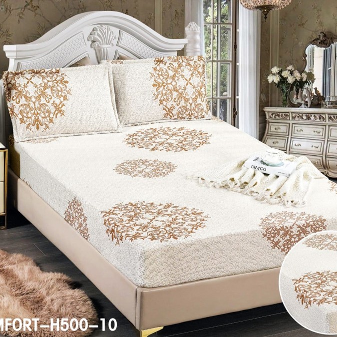 Set Cearsaf cu Elastic, 180x200cm + 2 fete de perna, 50x70cm, 3 Piese, Tercot - Confort și Eleganță în Broderii si Culori Pastelate, Bej