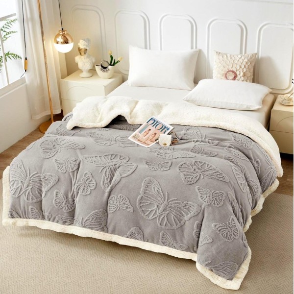 Patura CoCoLiNo cu blanita si fermoar, 200x230cm, fluturi, Gri deschis [1]