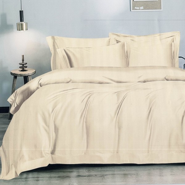 Lenjerie HoReCa DeLuxe, pat dublu, Damasc cu Dunga latã de 3cm, 6 piese, cearșaf cu ELASTIC, Crem [1]