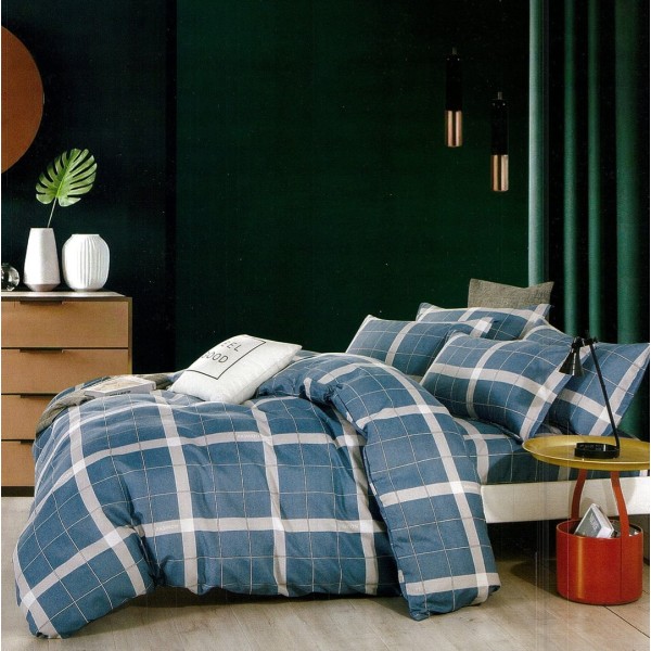 Lenjerie pat dublu,  FINET, 6 piese, Albastru, patratele [1]