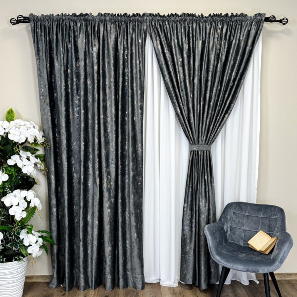 Set 2 Draperii Catifea Asama cu insertii aurii - 2m latime x 2.50m inaltime x Tiv lat, Gri inchis - V14 [1]