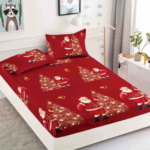 Cearsaf cu elastic, Bumbac FINET, 160/180x200cm, 2 fete de perne 50x70cm, Craciun, Jojo Home, Rosu, brazi, Mos Craciun [1]