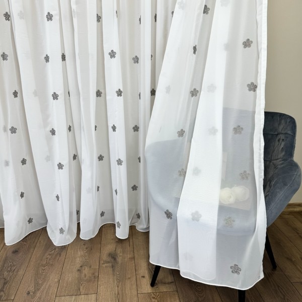 Perdea Floris din Voal Brodat - 600cm x 245cm , Rejansa pt. bara , model cu flori gri, Ivoire [1]