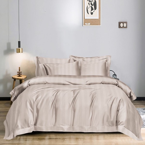 Lenjerie HoReCa DeLuxe, pat dublu, Damasc cu Dunga latã de 3cm, 6 piese, Bej Nisipiu [1]