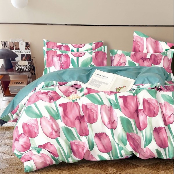 Lenjerie pat dublu (140x200cm, 160x200cm, 180x200cm),  FINET, 6 piese, Verde, lalele [1]