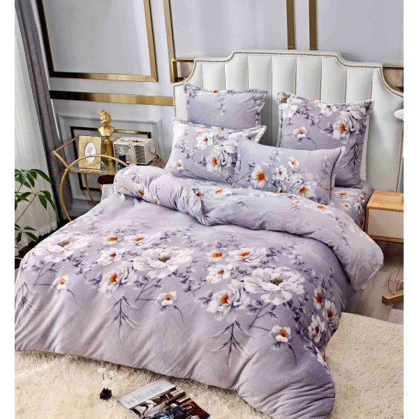 Lenjerie pat dublu, Super Pufoasa COCOLINO, 6 piese, Jojo Home, Gri, flori [1]
