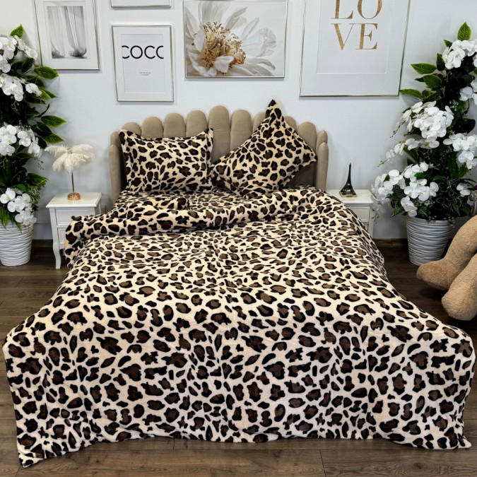 Lenjerie pat dublu, Super Pufoasa COCOLINO, 4 piese, Bej, Maro, animal print