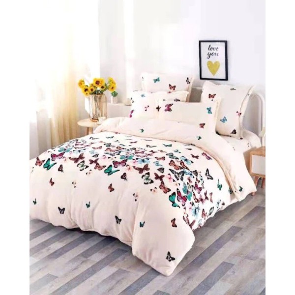 Lenjerie pentru Pat Dublu, Cocolino Premium, 4 Piese – Plușată, Groasă, și Călduroasă, Ideală pentru Iarnă –  Confort Maxim, Antișifonare, Crem, Fluturi [1]