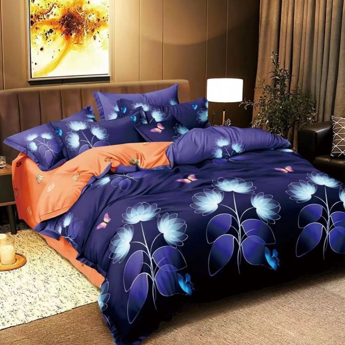Lenjerie pat dublu cu doua feţe, 4 piese, Bumbac Satinat Superior, Albastru, flori