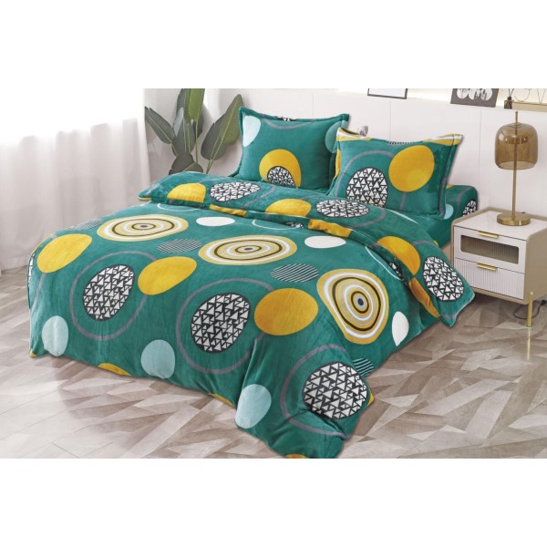 Lenjerie pat dublu, Super Pufoasa COCOLINO, 4 piese, cu ELASTIC, Verde, cercuri [1]