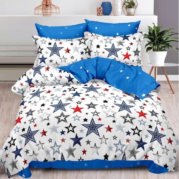Lenjerie pat dublu (160x200cm, 180x200cm),  FINET, 6 piese, cu ELASTIC, Albastru, stelute [1]