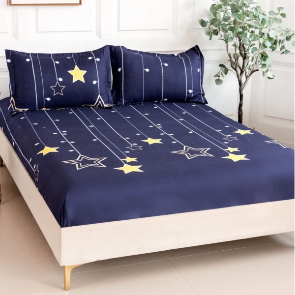Cearsaf cu elastic, Bumbac Satinat, 160/180x200cm, 2 fete de perne 50x70cm, Bleumarin, stelute [1]