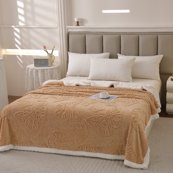 Pătură Super Soft Cocolino cu Blăniță, 200x230 cm – Eleganță și Căldură cu Model 3D în Relief, Fluturi Delicați, Bej deschis [1]