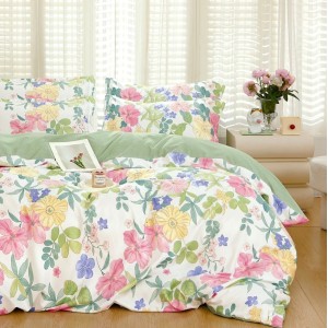 Lenjerie pat dublu, Finet, 6 piese, Verde, flori