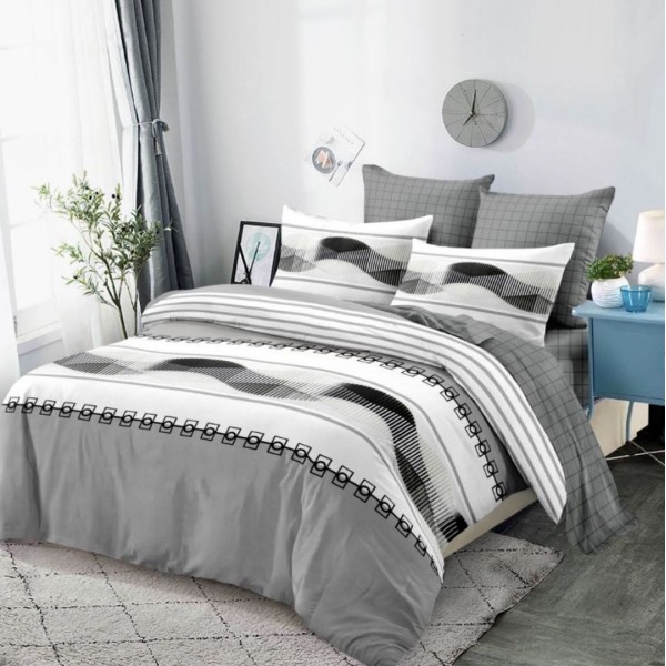 Lenjerie pat dublu,  FINET, cu elastic, 6 piese, Alb, Gri, Dungi, Forme Geometrice [1]