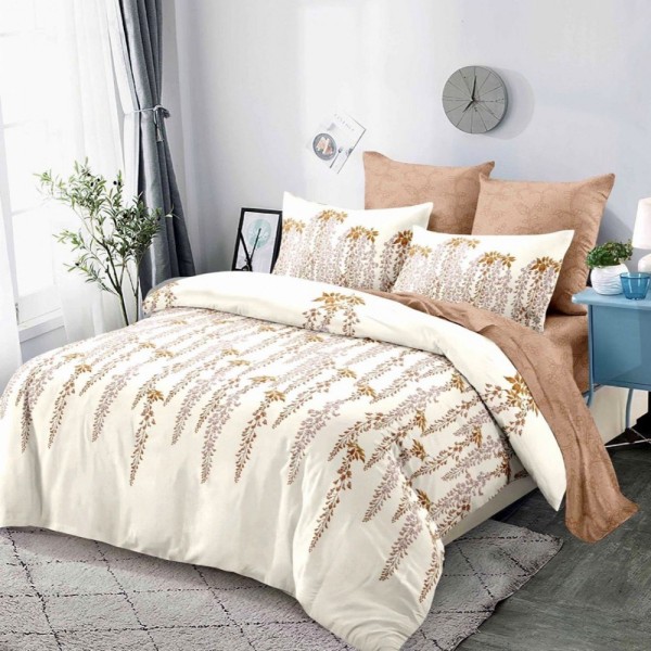 Lenjerie pat dublu,  FINET, cu elastic, 6 piese, Crem, Bej, Flori [1]