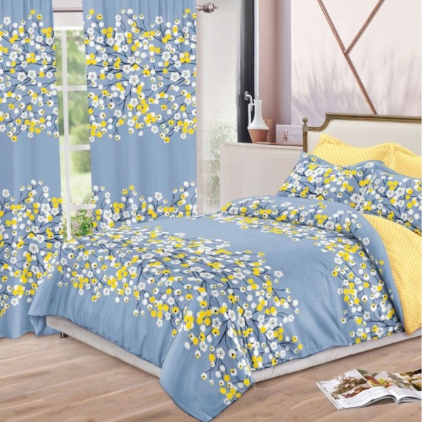 Set Lenjerie pat dublu (140x200cm, 160x200cm, 180x200cm) + 2 draperii, finet, 8 piese, Gri albăstrui, flori [1]