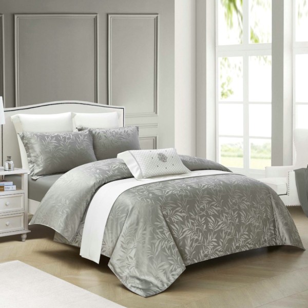 Lenjerie de Pat Dublu, Jacquard Finetat – 4 Piese, Luciu Satinat Rafinat și Confort Premium, Gri deschis [1]