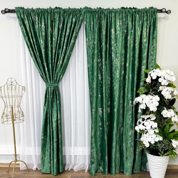 Set 2 bucati Draperie Catifea Asama cu insertii aurii, Verde Smarald - V12, 200cm latime x 2.5m inaltime, cu tiv lat [1]