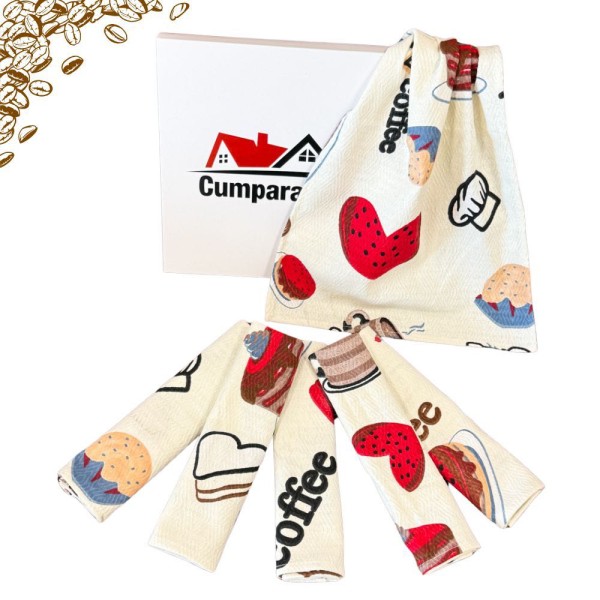 Set de 6 Prosoape Waffle, 30x50cm, pentru Bucatarie, Bumbac 100% Gofre, Atelier CumparaMisim, Crem, Rosu, Cafea [1]